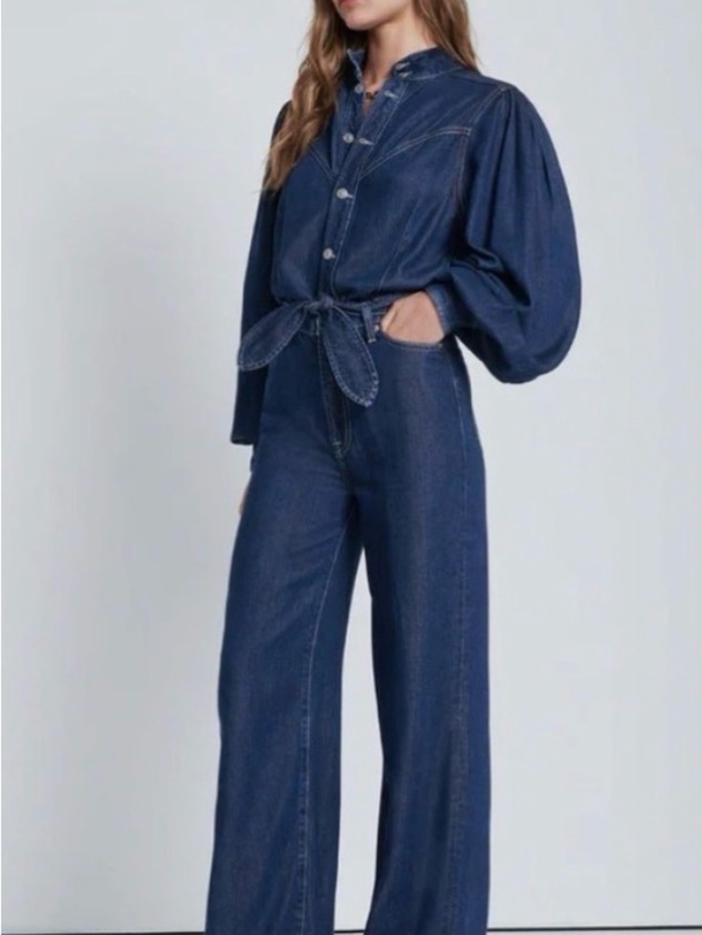 7 For All Mankind Indigo Wide-Leg Denim Jumpsuit with Tie Waist